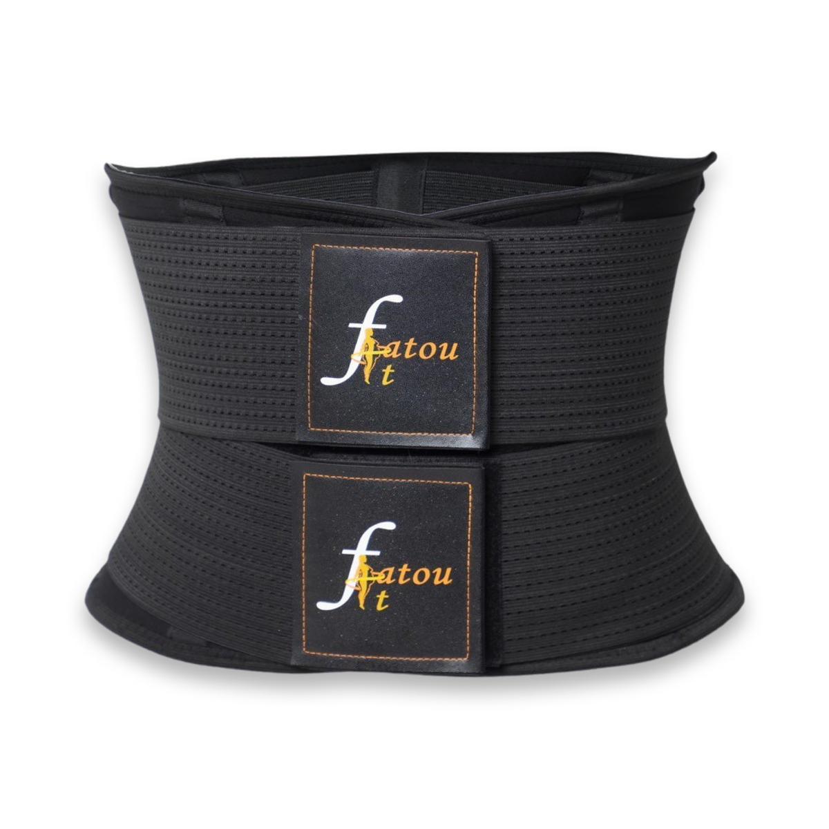 A black FatouFIT waist trainer belt with velcro closures and an adjustable double compression strap design, made with neoprene fabric.