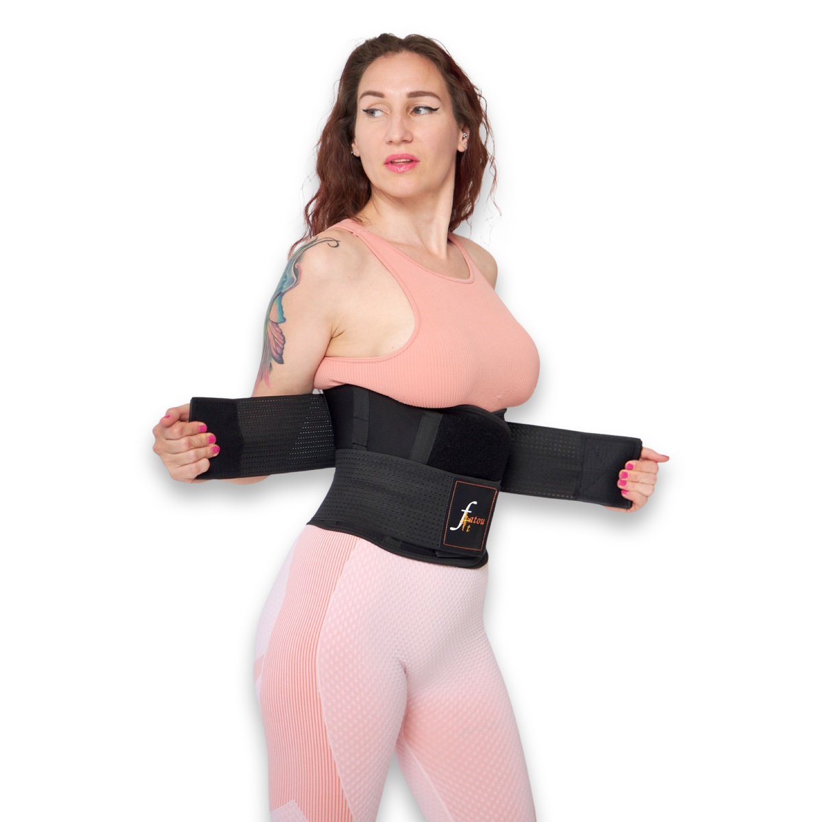Woman wearing FatouFIT waist trainer belt with velcro closures and an adjustable double compression strap design, made with neoprene fabric.