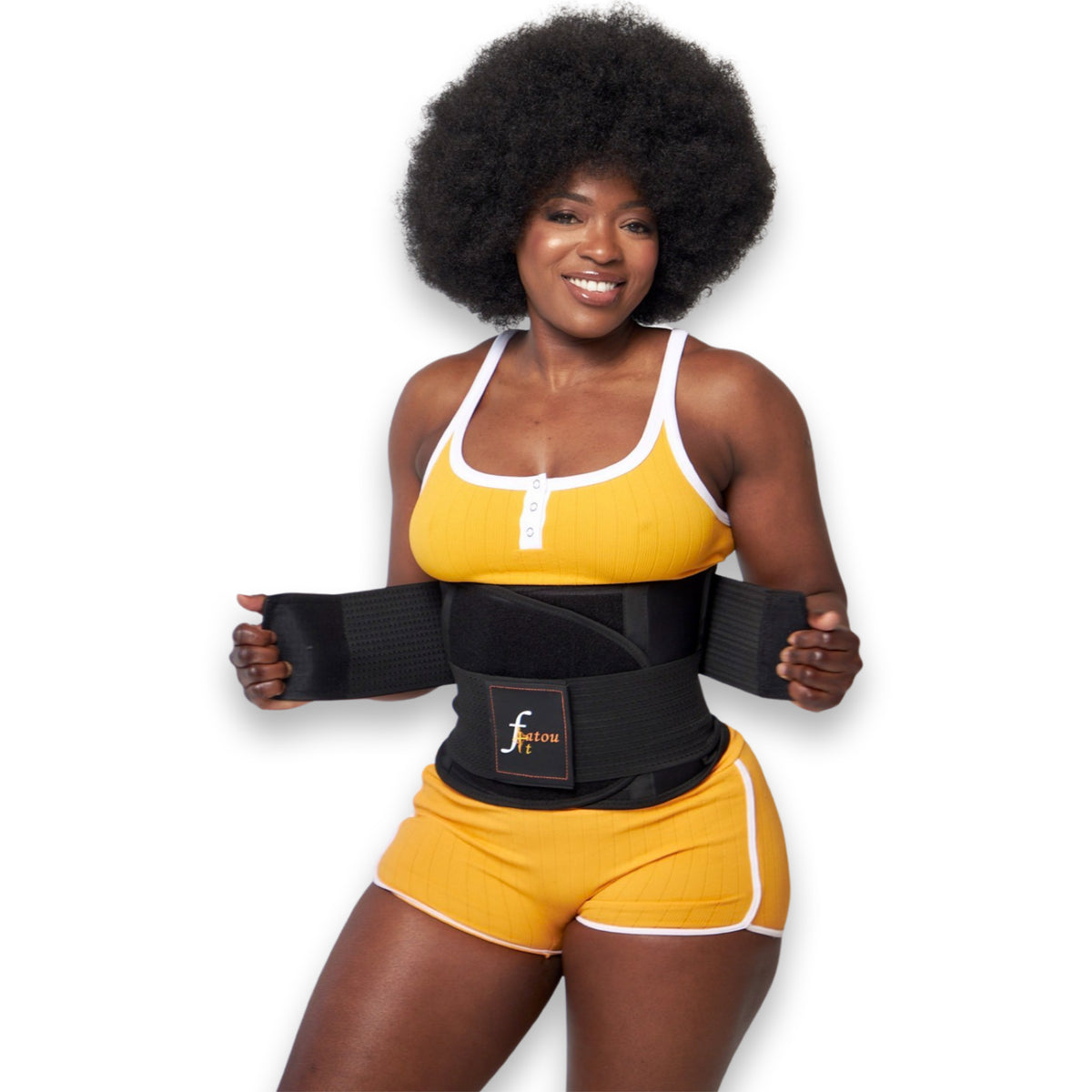 Woman wearing FatouFIT waist trainer belt with velcro closures and an adjustable double compression strap design, made with neoprene fabric.